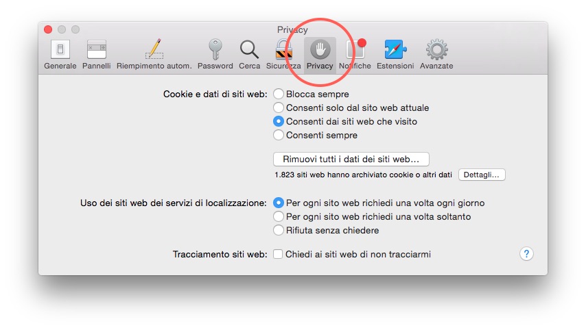 Pulsante privacy Safari Mac